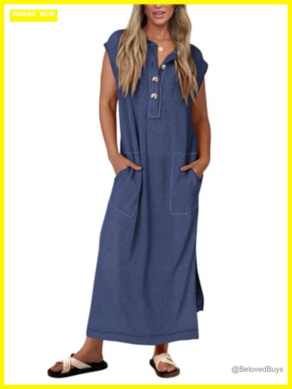Ribbed Knit Maxi Dress Henley Button Down Short Sleeve Summer